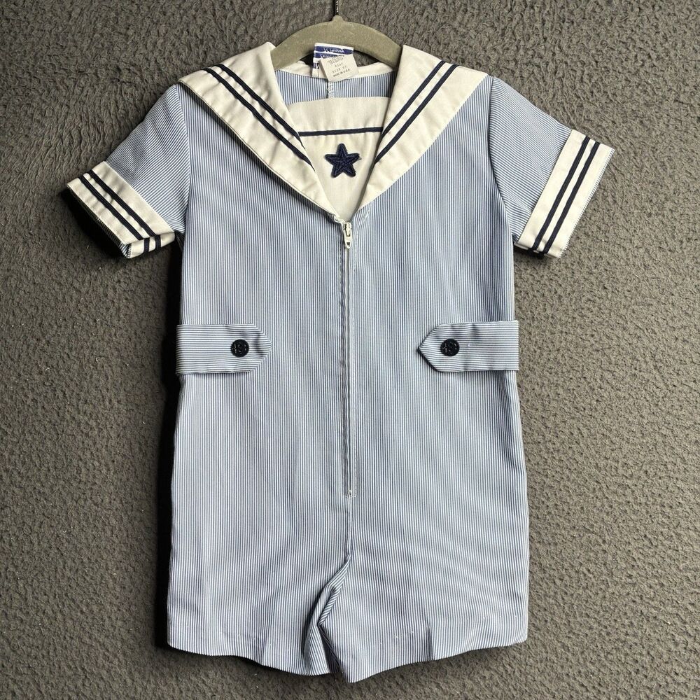 Boys 2T Vintage 70s Little Sailor Navy Romper Seersucker Shorts Scoville Zipper